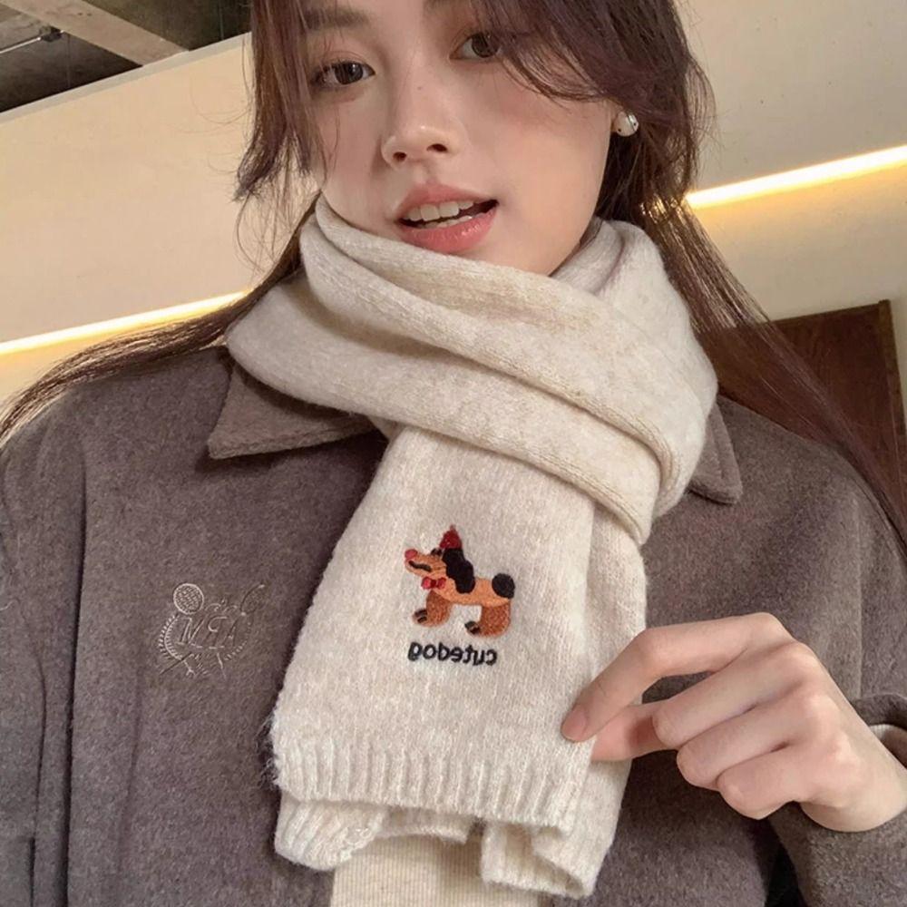 Thicken Knitted Scarf Plush Winter Wool Scarves Elegant Dog Embroidered Shawl  Student