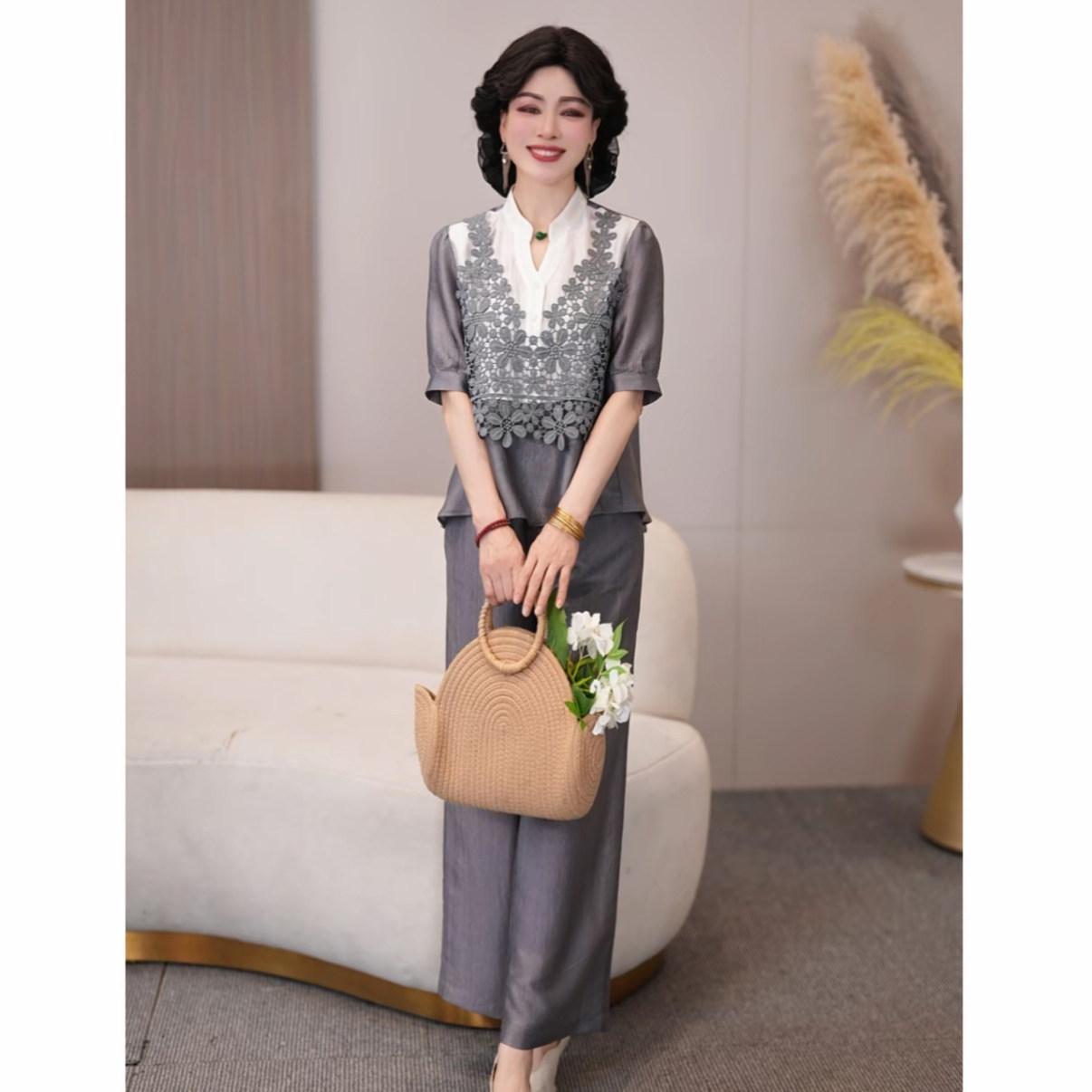 

2026 Spring/Summer Style: Elegant Loose Two-Piece Set for Middle-Aged Women - Slimming Top & Pants XL (suggested 105-120 jin)