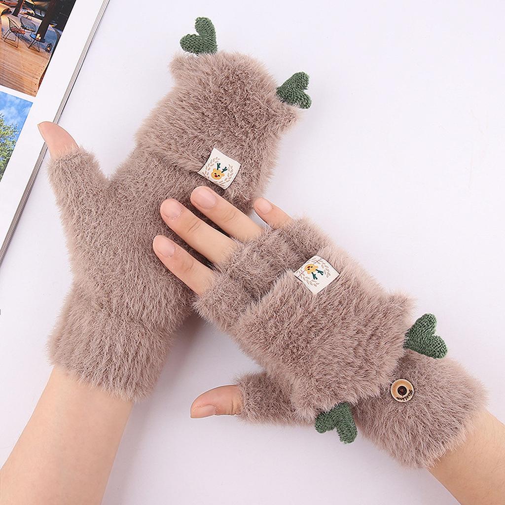 Winter Women Adult Plus Velvet Thickening Cute Cartoon Point Finger Gloves