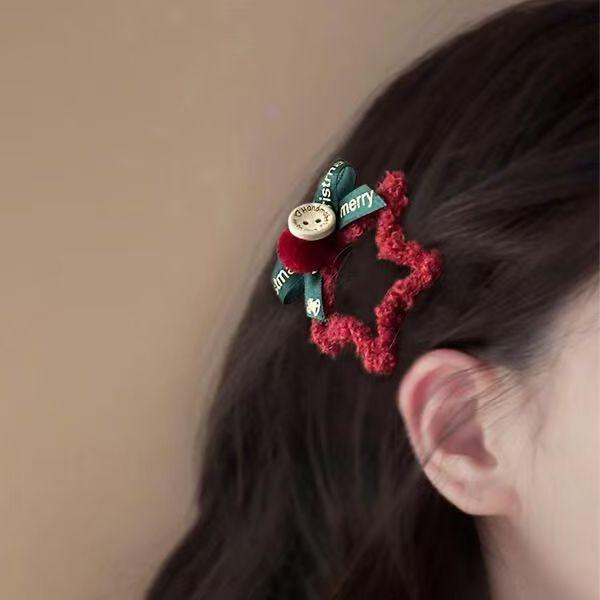 New Year Red Star Plush Hair Clip Bow Hairpin for Christmas