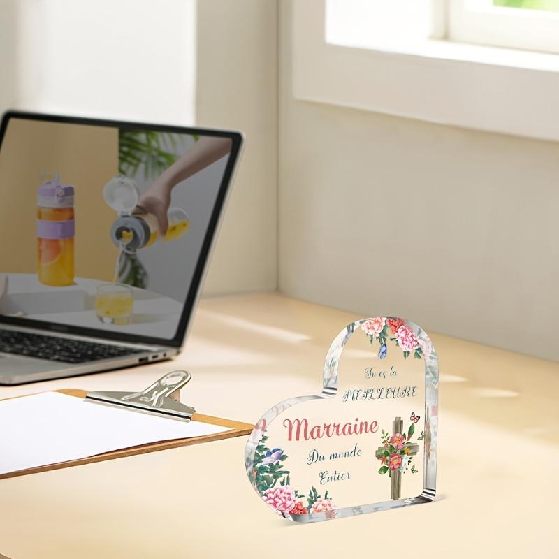 2D Flat "Tu Es La MEILLEURE Marraine Du Monde Entier" Heart-Shaped Acrylic Desk Decor Plaque, Floral & Cross Design, Suitable for wall decoration, por