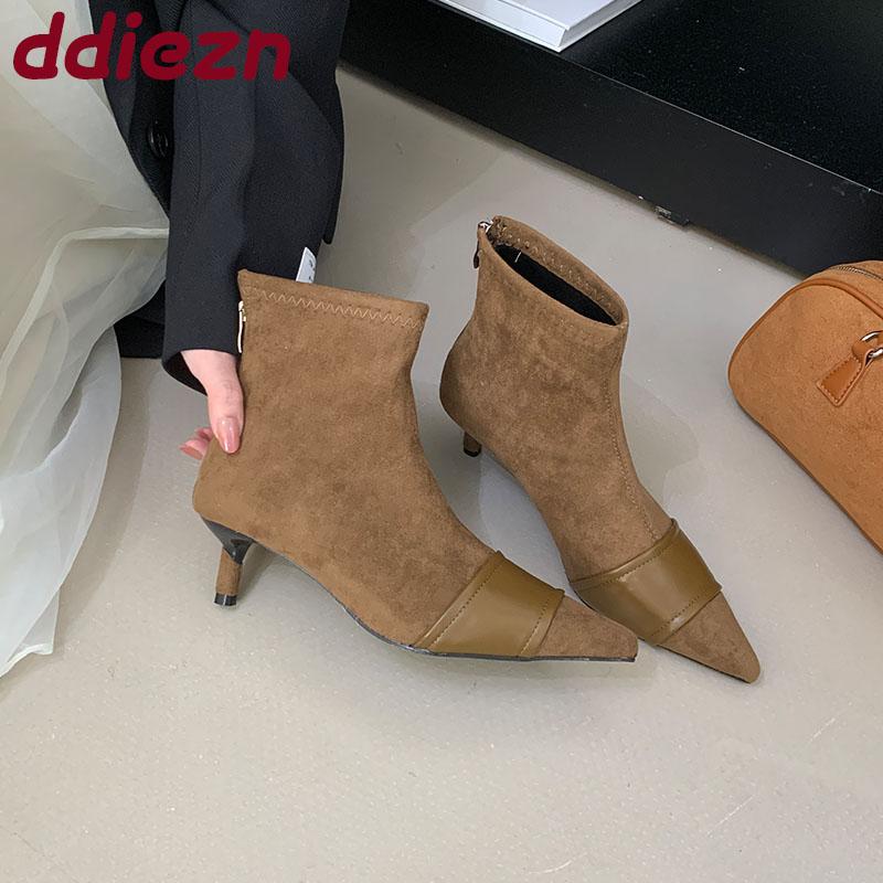 Fashion Modern Ladies Ankle Boots With Heel Shoes Pointed Toe Fashion Flock Elegant Women Short Boots Female Zippers Shoes Pumps
