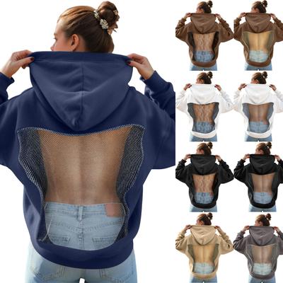 Harajuku Hooded Sweatshirts Women Backless Mesh Patchwork Hoodies Streetwear Transparent Pullovers Sports Sweatshirt Tops