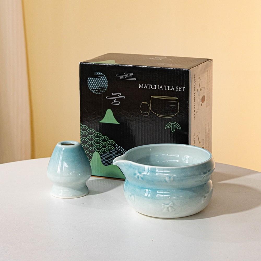 New Ceramic Matcha Bowl Gradient Color with Pouring Spout Matcha Whisk Holder Bowknot Reusable Matcha Making Kit Tea Lovers