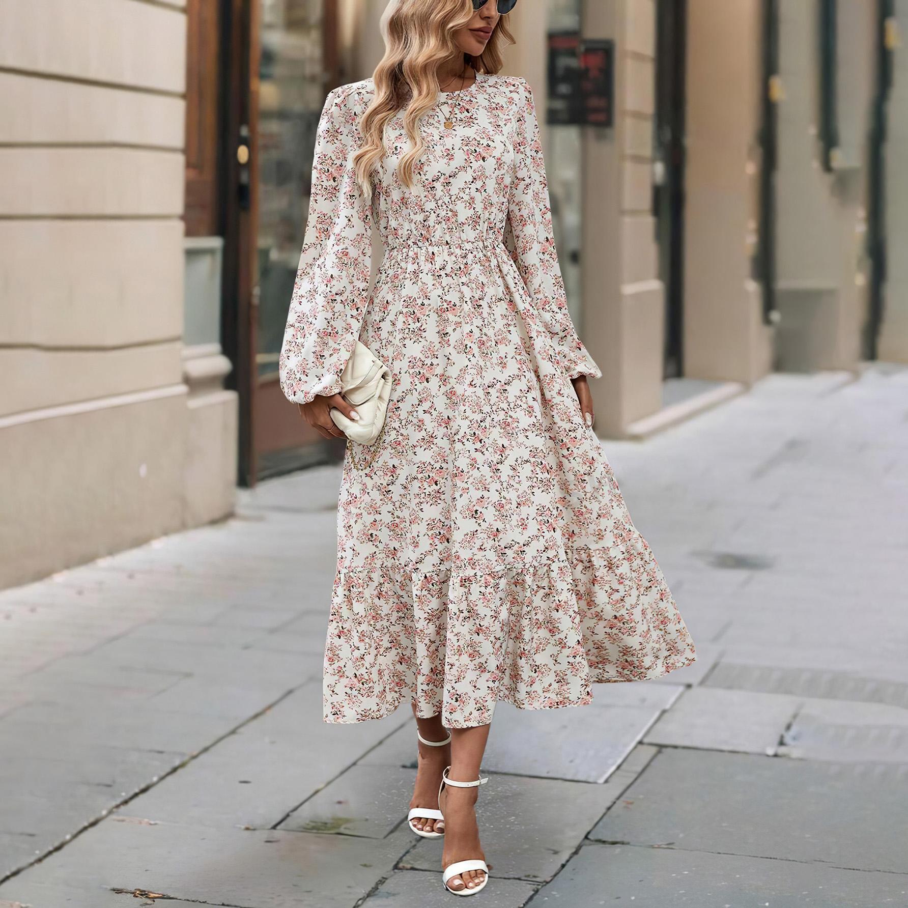 

Женское весеннее платье с длинным рукавом и цветочным принтом, О-образным вырезом, летнее повседневное платье А-силуэта длиной до щиколотки, эластичное, с высокой талией, свободное платье XL