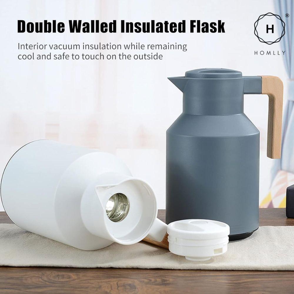 Homlly Rutto Insulated Double Walled Carafe Thermal Flask With Wood Handle (1L)