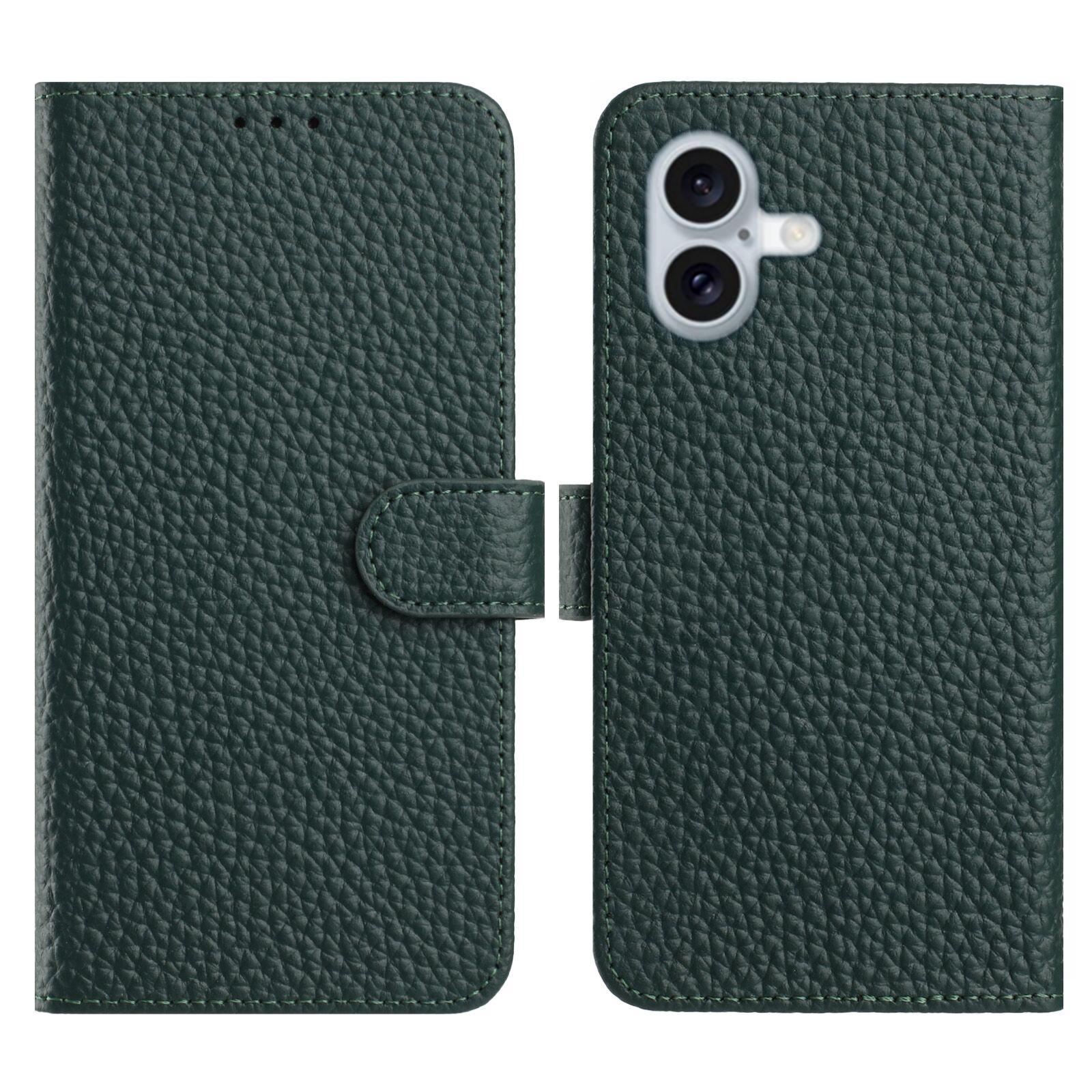 

For iPhone 16 Plus Case Wallet Stand Litchi Texture Genuine Cow Leather Flip Phone Cover Green