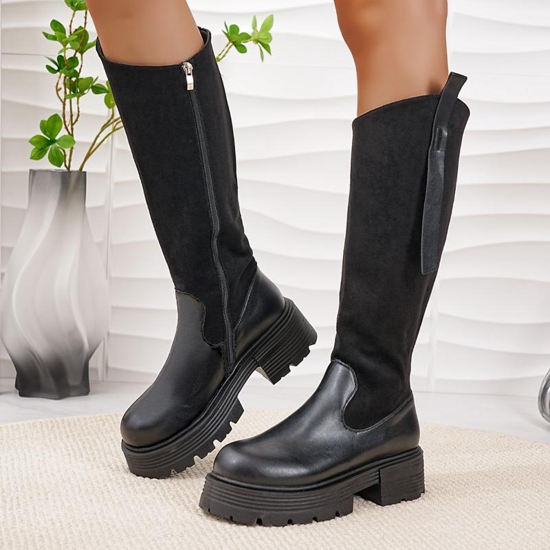 Fashion Non-Knee High Boots Autumn New Round Toe Spliced Side Zipper Platform Non-Slip Wear-Resistant Block Heel Single Boots