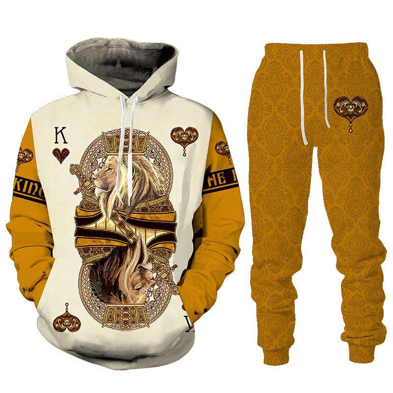 Autumn Winter Men King Lion Hoodie Set Fashion Clothing Male Hooded Coat Vintage Pullover Tracksuit Casual Stylish Streetwear
