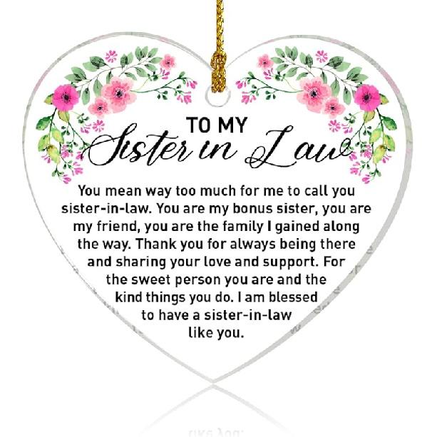 Sister in Law Ornament Gifts, Sister in Law Birthday Wedding Christmas Keepsake Gifts for Sister in Law Acrylic Heart Hanging Ornament Gifts, Sister