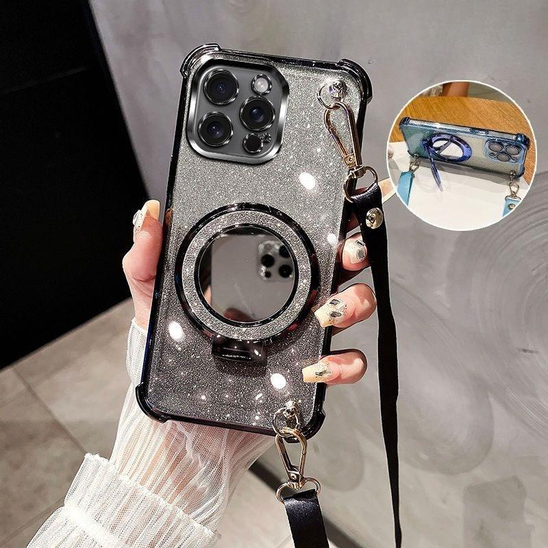 Crossbody Lanyard Shockproof Glitter Plating Mirror Magsafe Holder Case for iPhone 16E 16 15 14 Plus 13 12 11 Pro XS Max XR X