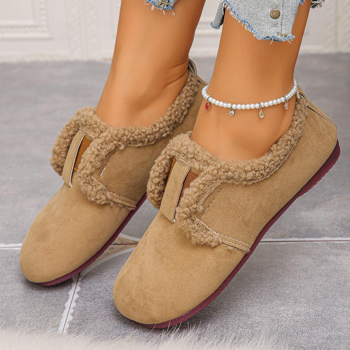 

2025 внешняя торговля новая зимняя женская флисовая повседневная обувь большого размера с круглым носком на одной педали флис для сохранения тепла 43 хаки