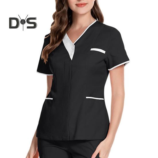 Bluzki pielęgniarskie z dekoltem w serek i krótkim rękawem, patchworkowe, kolorowe, kieszenie, guziki, dekolty, bluzki do chirurgii stomatologicznej, odzież robocza