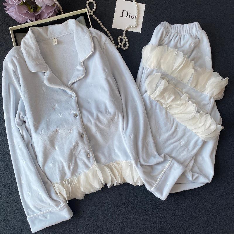 Женская пижама в стиле принцессы с жаккардовым узором «бабочки»: Осень/Зима Двусторонний Вельвет, Плотный, Свободный, Для Дома/Улицы Extra Large