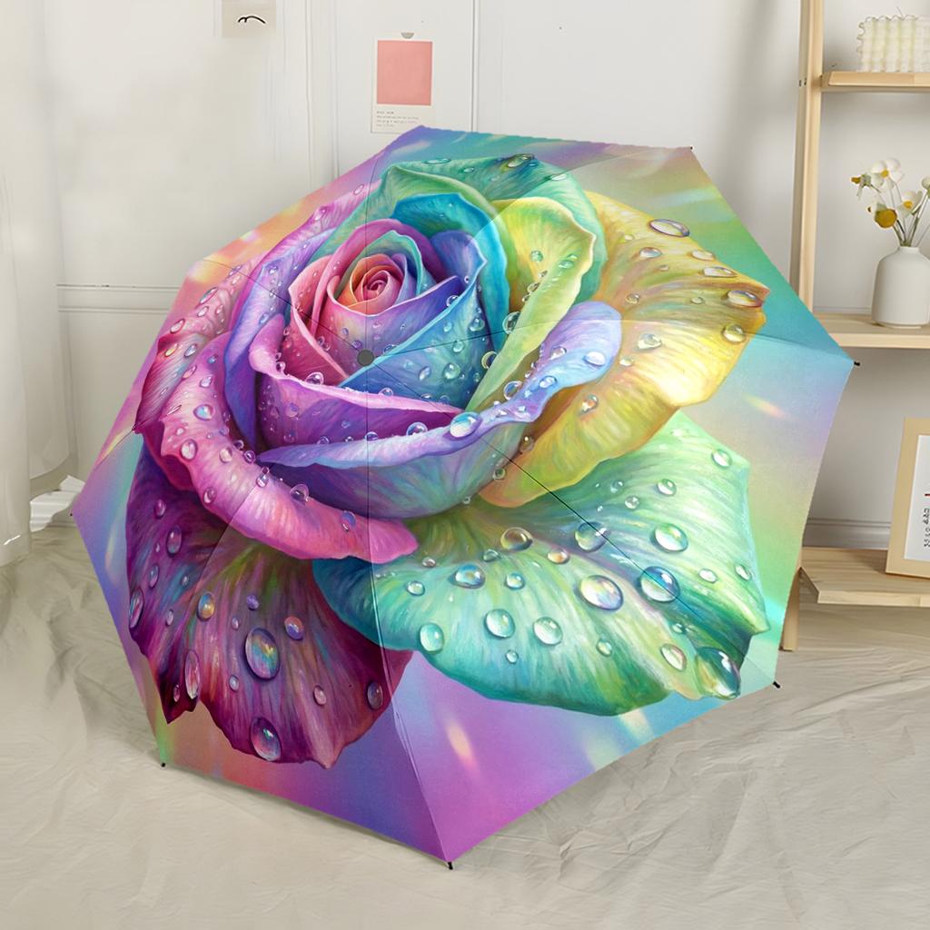 Rainbow Rose Waterdrops Outdoor Automatic Umbrella with 8 Rib Compact Design Travel Essential Fashion Lovers Gift for Festivals