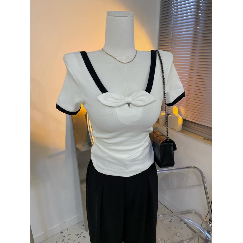 Low U-neck Large Collar Ribbed Cotton Short-sleeved T-shirt for Women's Summer New Color-contrast Reversible Tops