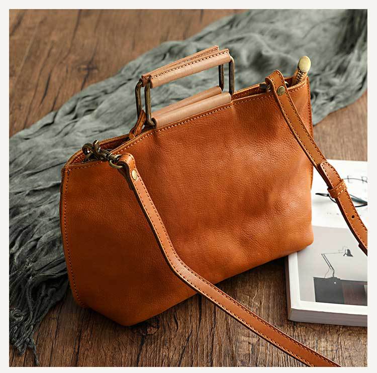 Johnature Handmade Cow Leather Women Bag Simple Retro Handbag Large Capacity Solid Color Shoulder Bags