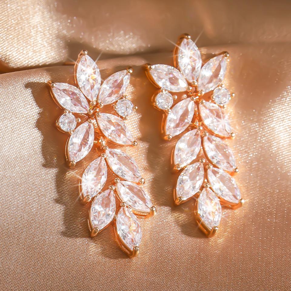 ZAKOL Luxury Leaf Marquise Zircon Bridal Earrings for Women White Shiny Crystal Elegant Wedding Party Zircon