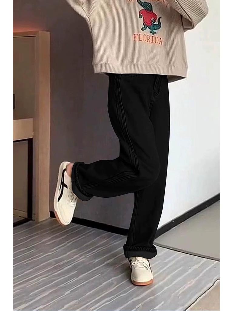 Plus Size High-Waisted Fleece-Lined Wide-Leg Jeans for Women - Autumn/Winter Straight Floor-Length Pants