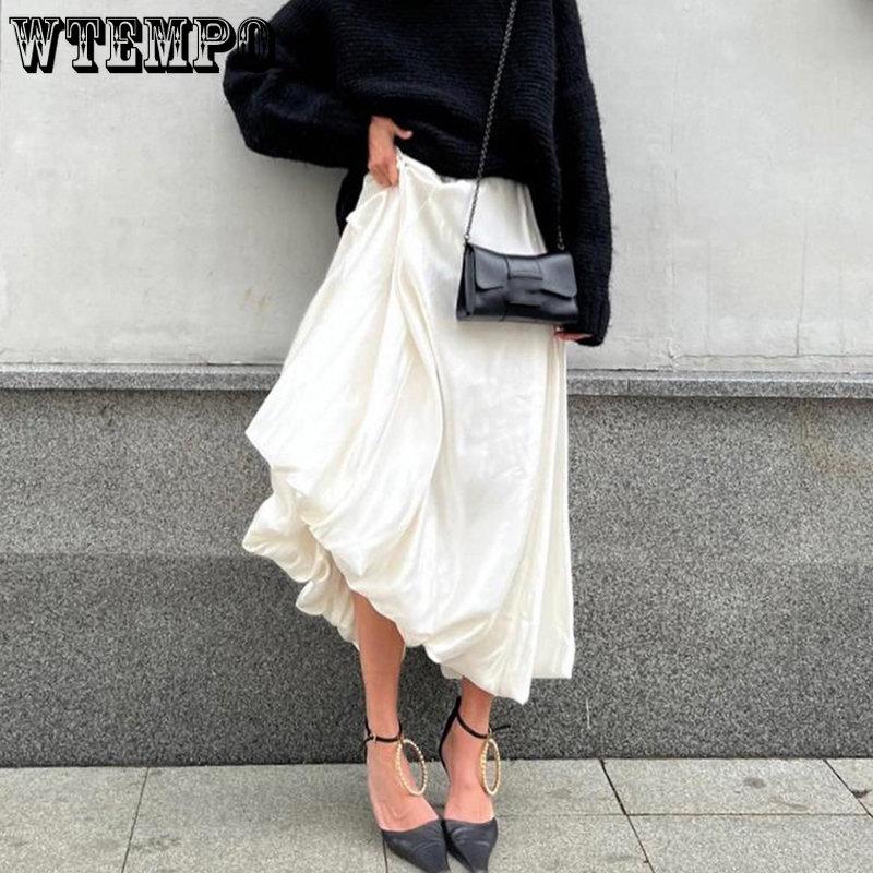 WTEMPO Beige Black Satin Silk Loose Skirts for Women Elegant High Waist Office Lady Solid Casual Ankle-Length Skirts