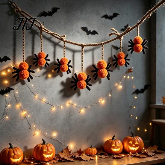 Wall Ornament for Home 78 Inch Halloween Hanging Spider Banner, Mini Black Orange Plush Cute Spooky Party Decorations Pom Garland Party, Fireplace,