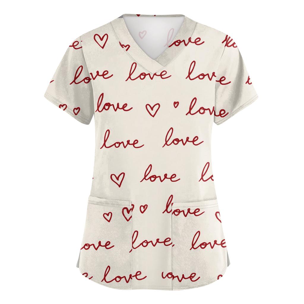 Women's V,neck Valentine's Day Printed Short,sleeved Pocket Side,slit Protective Suit Top