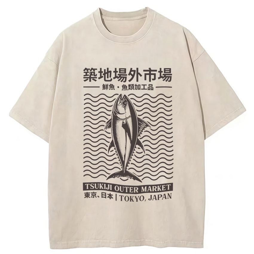 Funny Fish Japanese Tsukiji Market Vintage Washed T Shirts Unisex Women Summer Fashion Cotton Short Sleeve Tshirt Streetwear