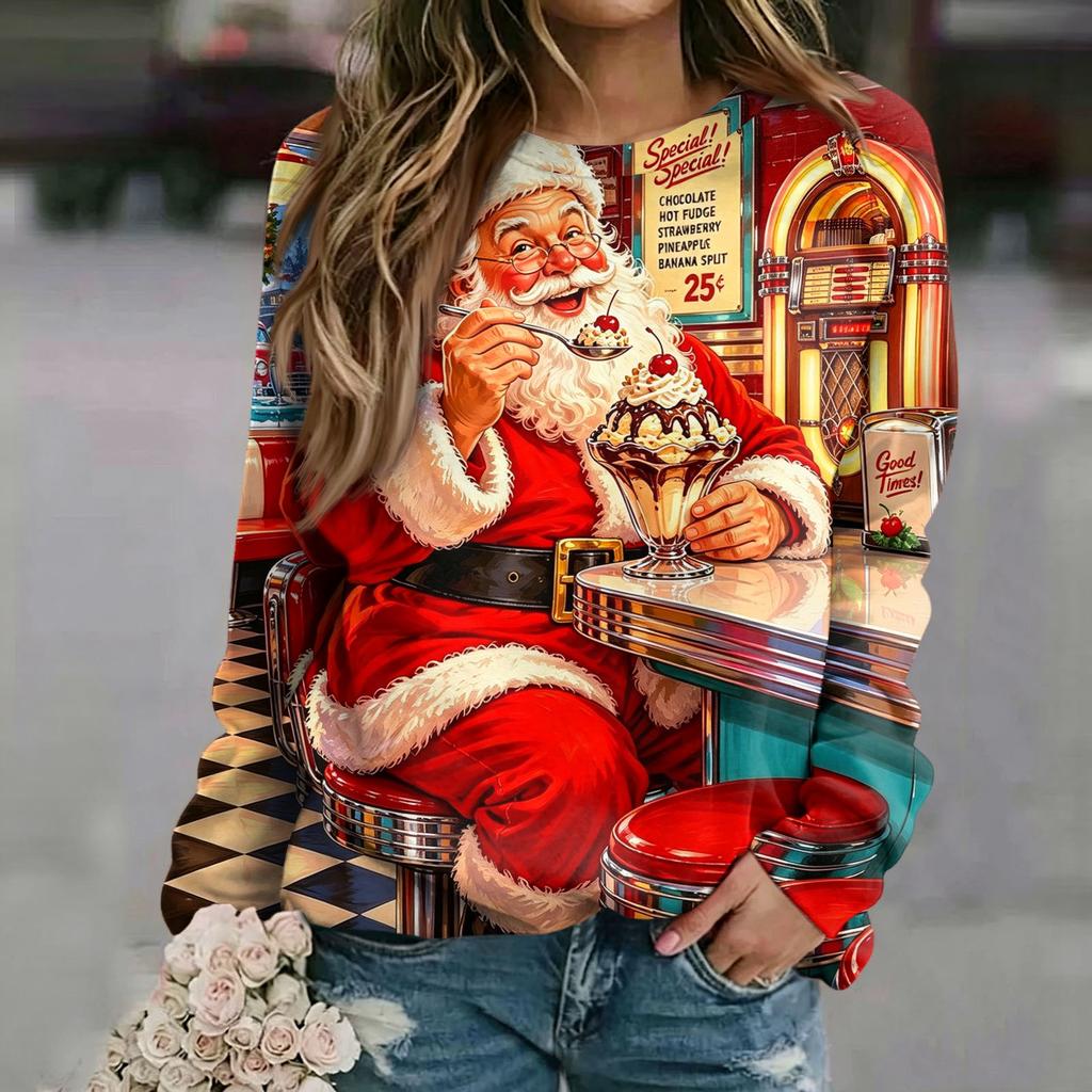 Women's Casual Neck Long Sleeve Raglan Christmas Print Pullover Sweatshirt