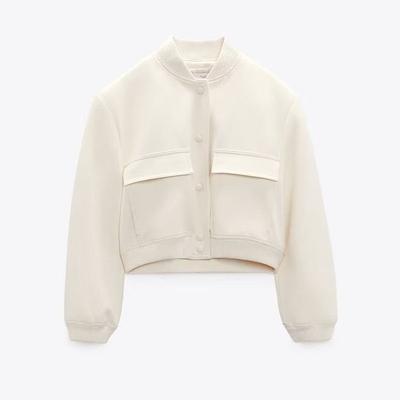 Women's Casual Cropped Bomber Jacket Button Closure Chest Pockets Long Sleeve Streetwear Black Top