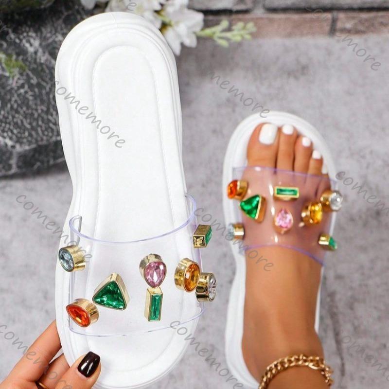 Fashion Comemore Platform Slippers Summer New Round Head Open Toe Crystal Buckle Pvc Transparent Strap Indoor Flat Bottom Slides Shoes
