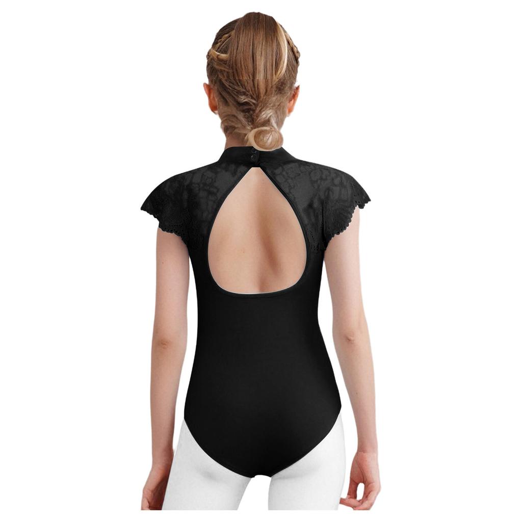 Girls Lace Cap Sleeves Dance Leotard Sheer Mesh Patchwork Cutout Bodysuit for Ballet Practice Exam
