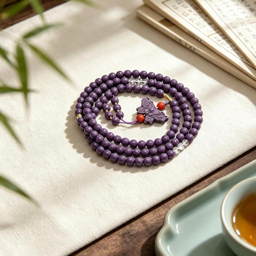 8mm Purple Qi Dong Lai Incense Bead Bracelet with Butterfly Pendant