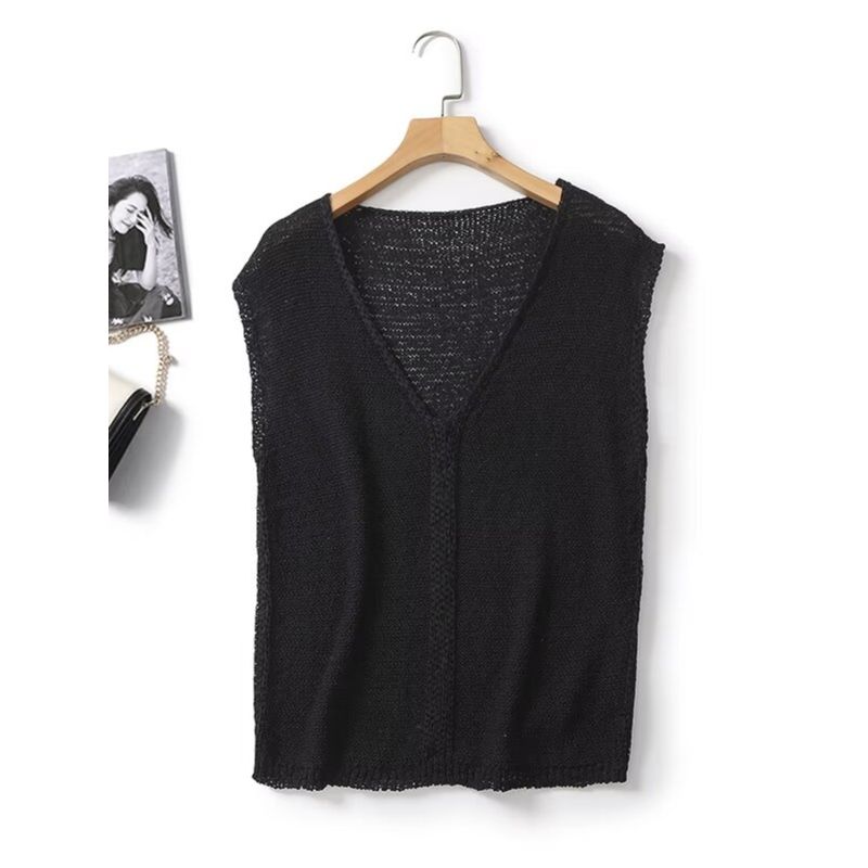 Md2024 Women Clothes Minimalist Black Fashionable Overlapping V-neck Sleeveless Knitted Sleeveless T-shirt Top 05627676800