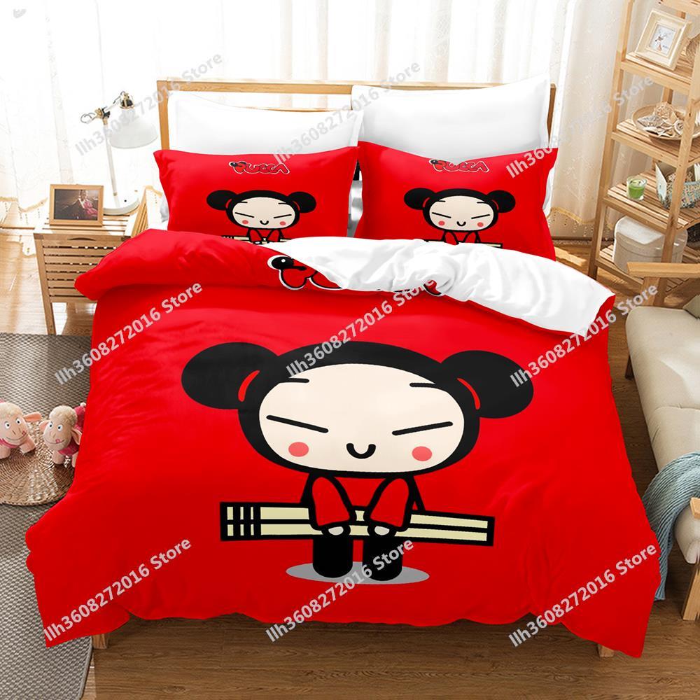 Kawaii Pucca Bedding Set Single Twin Full Queen King Size Bed Set Adult Kid Bedroom Duvetcover Sets 3D Print Anime Bed Sheet Set