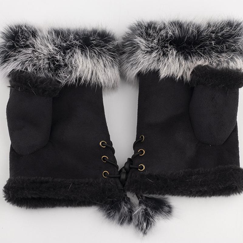 

1 пара женских зимних замшевых меховых перчаток без пальцев, варежек, мягких теплых на флисовой подкладке чёрный