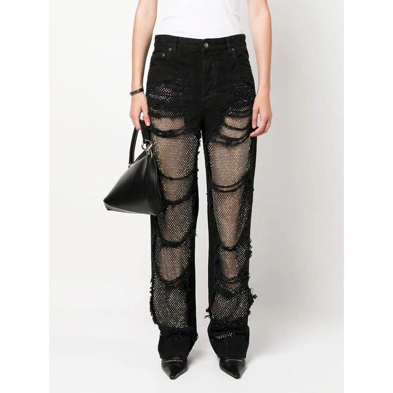 

Fashion Sexy Wind Mesh Patchwork Straight-leg Denim Black XL