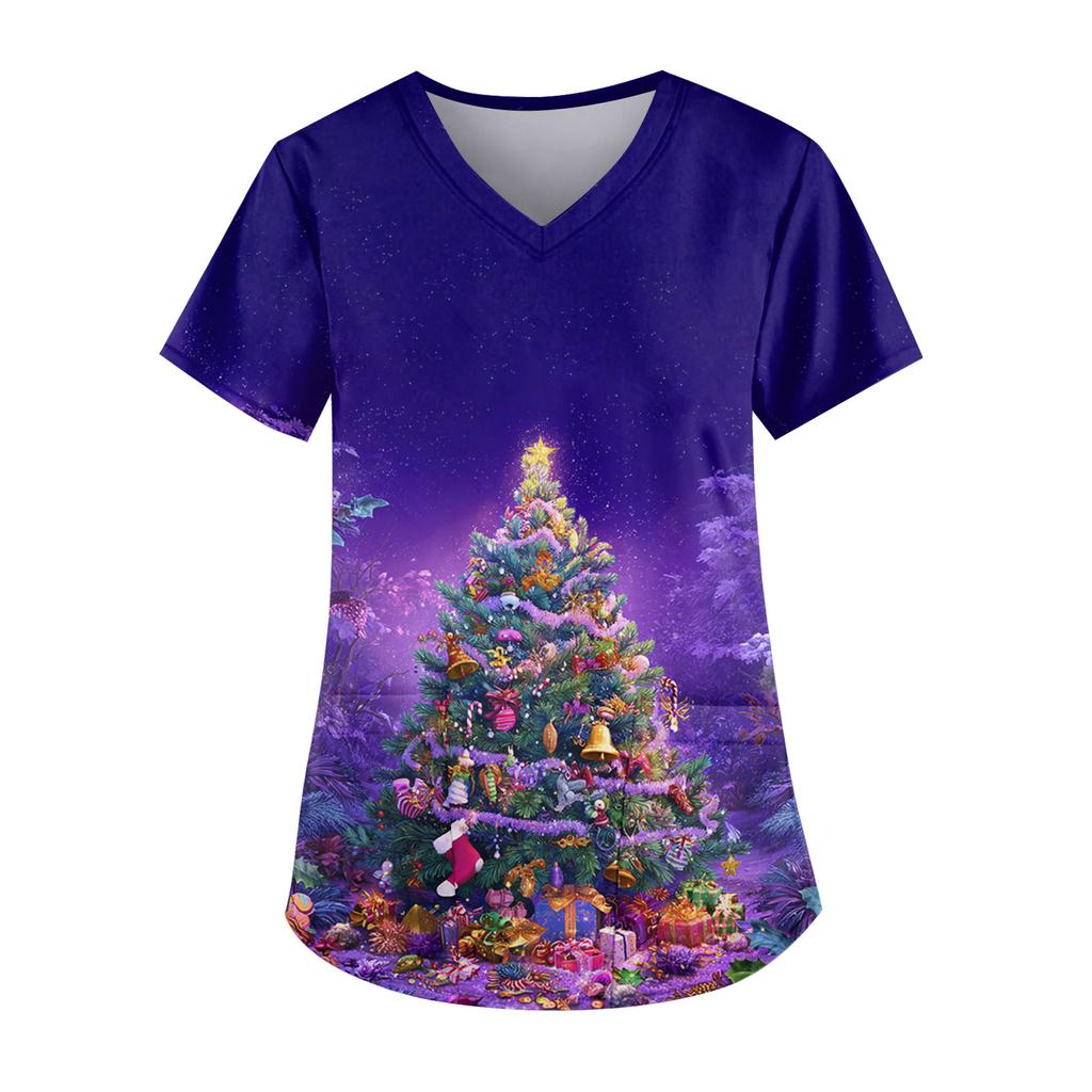 Ladies' Fashionable V-neck Pocket Short Sleeved Christmas Tree Printed Caregiver Uniform