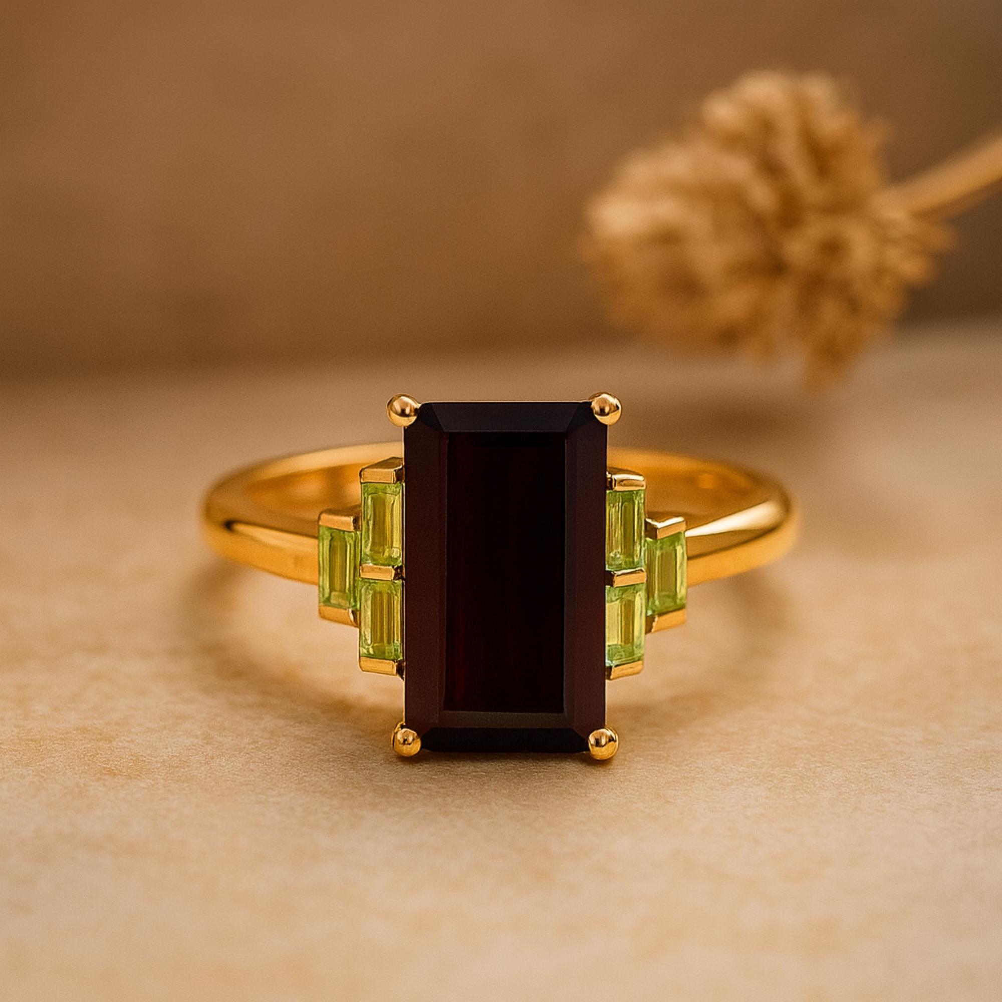 

Кольцо Багет Оникс и Перидот – Кольцо из стерлингового серебра 925 с позолотой из желтого золота – Свадебное украшение в стиле ар-деко – Подарок Q