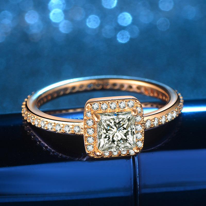Popular Jewelry Silver Jewelry, Champagne Micro-Set Imitation Diamond Ring Square Diamond Princess Ring