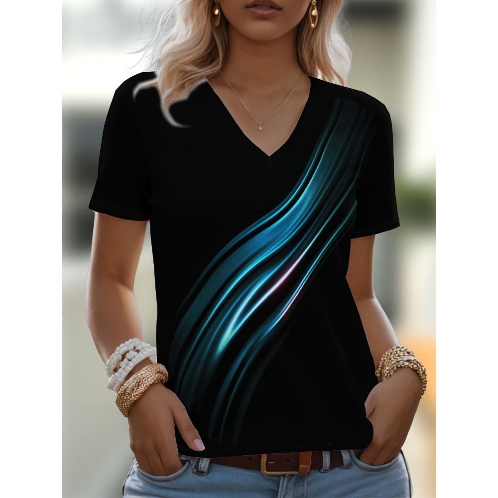 Fashion plus size women's T-shirt 3D printing, lines and curves, simple pattern V-neck short-sleeved top