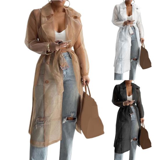 Shirt Coat Net Yarn See Through Spring Summer Lace-up Long Shirt