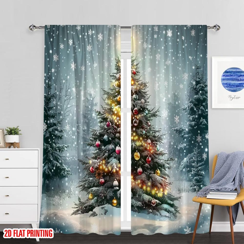 Set Of 2 Plane Printing Curtains Digital Printed Christmas Tree Snowfall Festive Durable Polyester Fabric Without Rod Curtain
