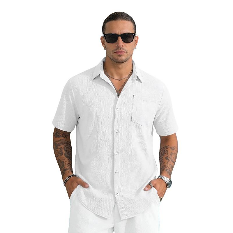 

Mens Textured Fabric Short Sleeve Button Down Shirt With Chest Pocket S білий