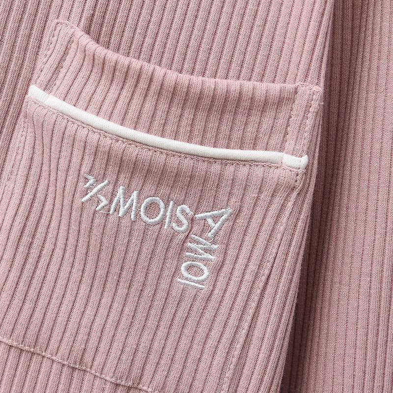 Spring and Autumn Pajamas Korean Version Pajamas Women's Lapel Pit Strips Cotton Long Sleeves Letter Embroidered Medium and Long Skirts Homewear Korea