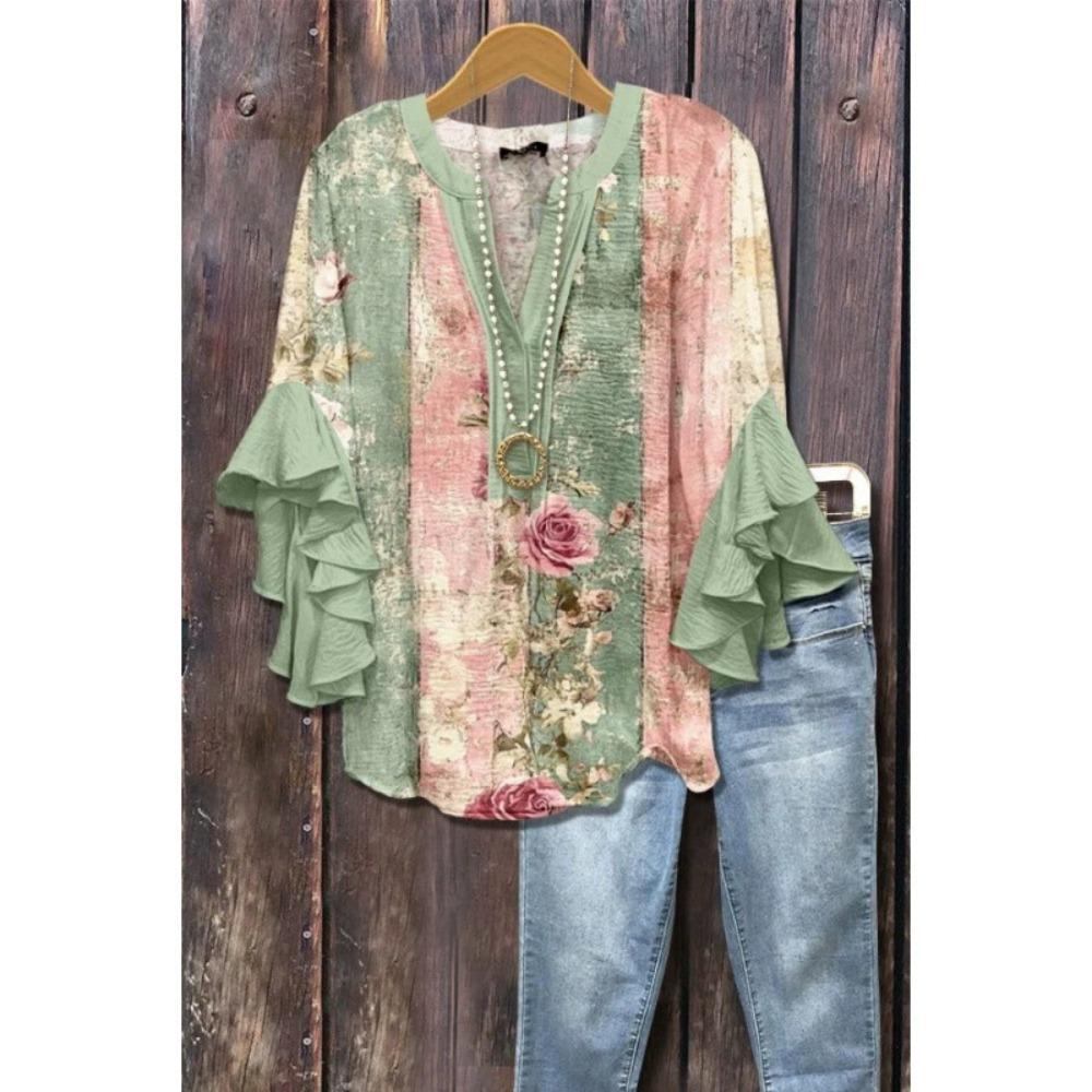 Large Women's Bohemian V-neck Shirt with Ruffle Sleeves, Grey Brown Floral Print Top, Casual Breathable Machine Washable Pullover