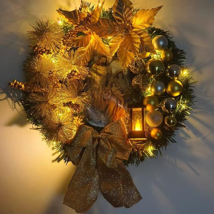 

Гирлянда Святое Семейство 40 см Рождественские венки со светом с фигуркой Иисуса для внутреннего и наружного декора Зимняя для окон