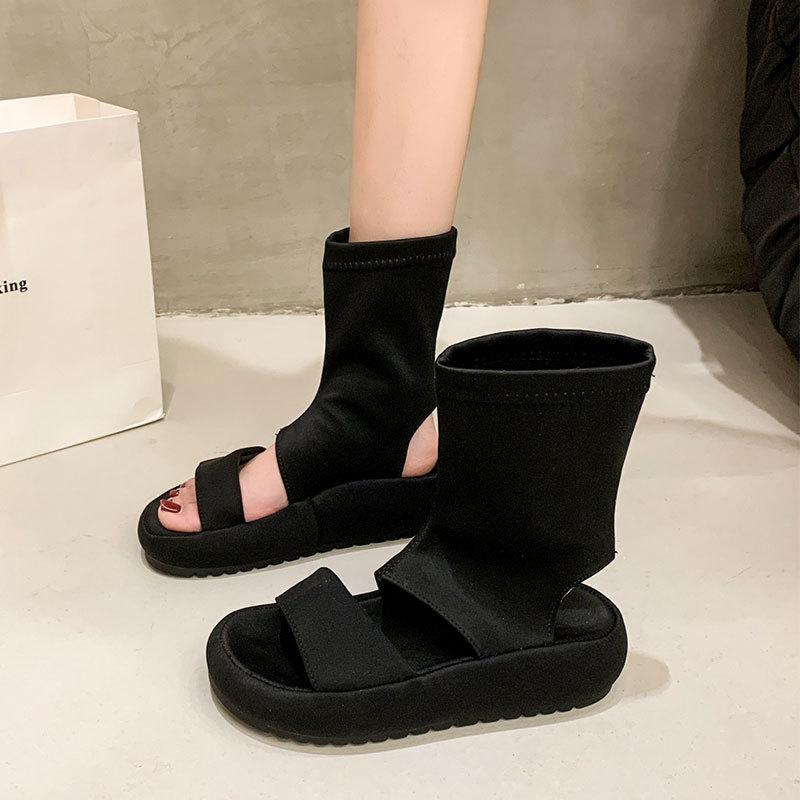 Skinny Cool Boots Women's Summer New Fashionable Versatile Black High-top Comfortable Elastic Short Boots
