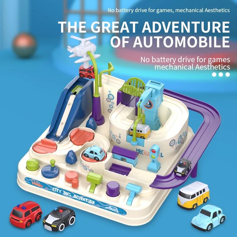 4 Cars Rail Car Train Track Toys For Kids Montessori Boys Girls Xmas Gifts Racing Cars Mechanical Adventure Brain Table Game