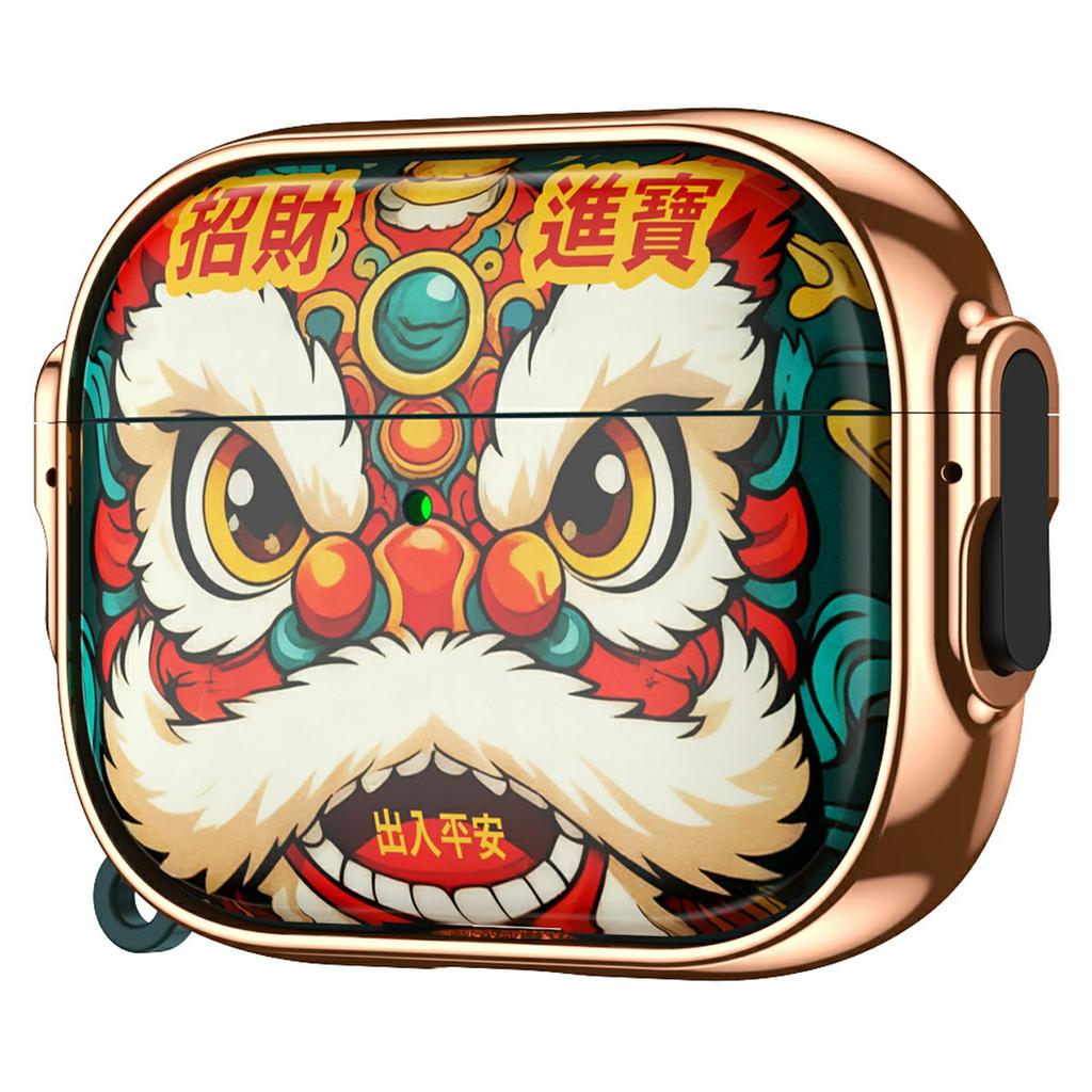 For AirPods Pro 3 Case Lion Head Fortune Painted Electroplated TPU PC Earbuds Cover with Switch / Carabiner