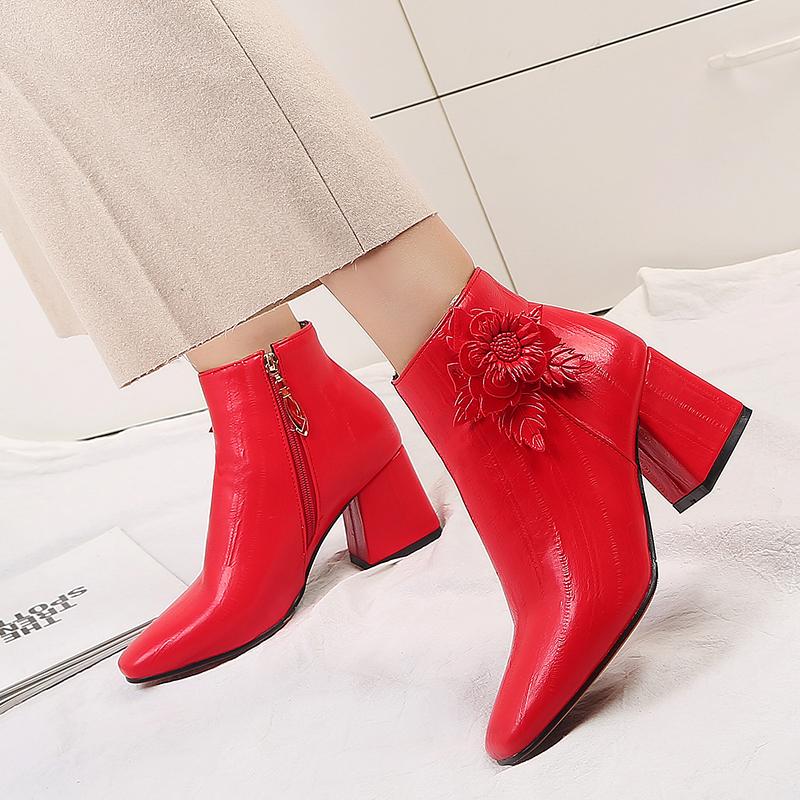 Autumn Winter Women's Ankle Boots Square Toe Winter Shoes Sweet Flower Black Red Handmade Short Boot Ladies Shoes Large Size 45